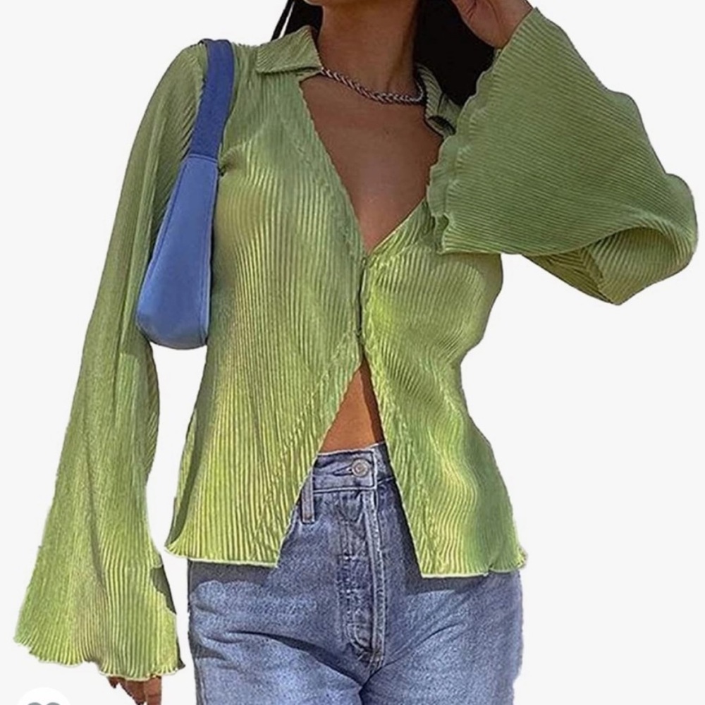 LYANER Women's Deep V Neck Button Front Bell Long Sleeve Blouse Shirt Top-Size L